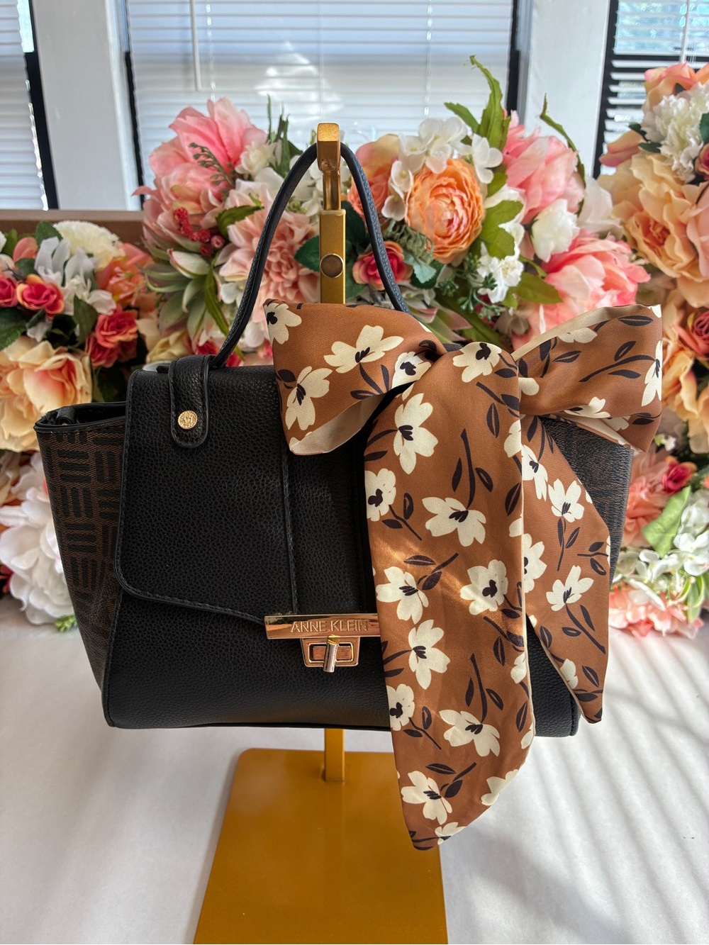 Anne Klein Pebbled Faux Leather Satchel Black Brown Logo Turn Lock Top Handles